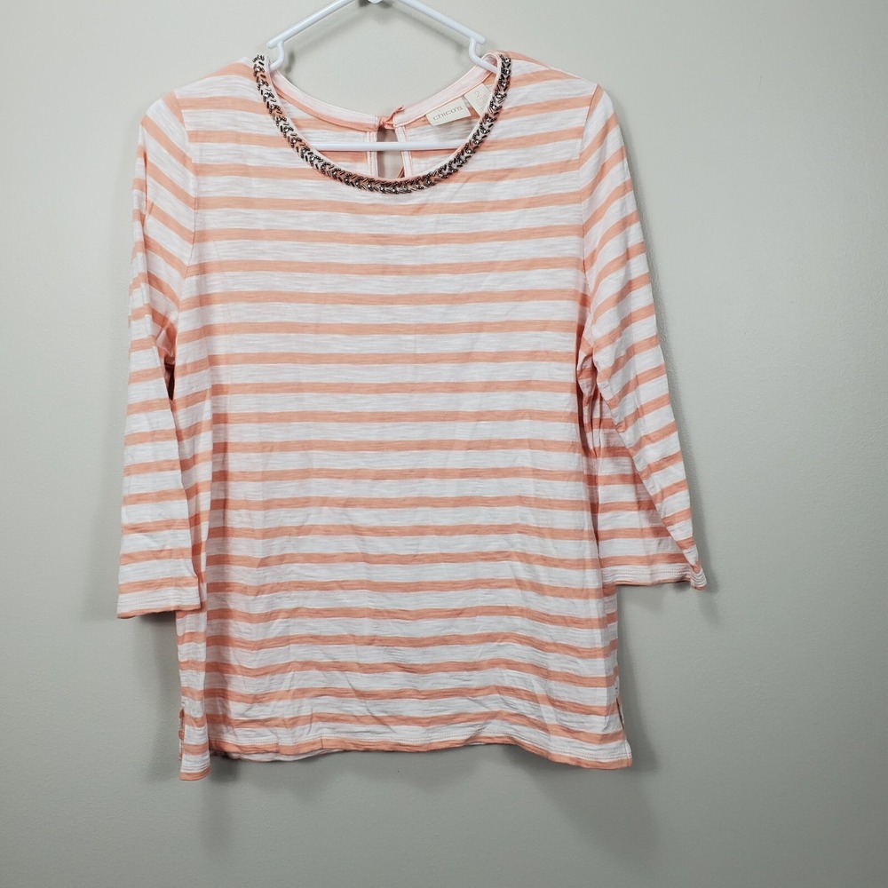 Chicos Womens Peach & White Striped 3/4 Sleeve Beaded Top Size‎ 2  Large